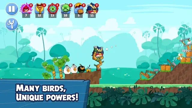 Angry Birds Friends screenshot: the bird roster shown above a tropical level
