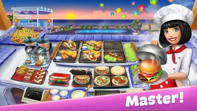Cooking Fever screenshot: a chef assembling a burger order at a busy grill