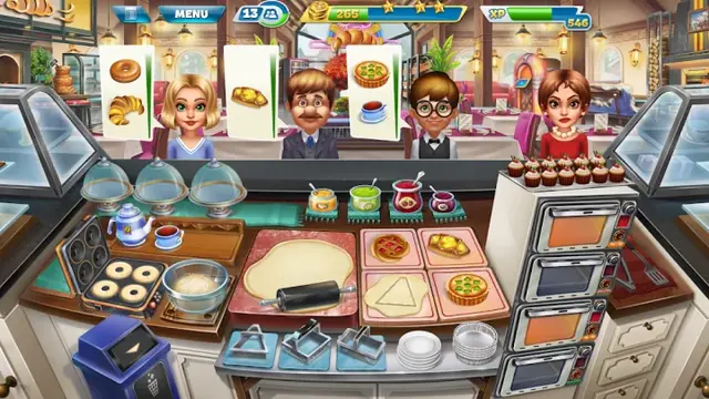 Cooking Fever screenshot: several cooking stations running at once behind the counter