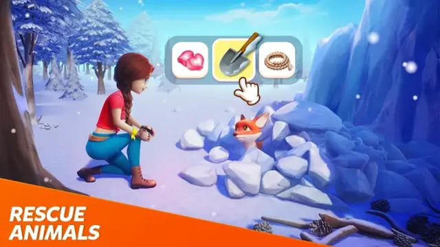 Dragonscapes Adventure screenshot: a player caring for animals in a snowy region