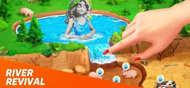 Dragonscapes Adventure gameplay: a player restores a river across farmland