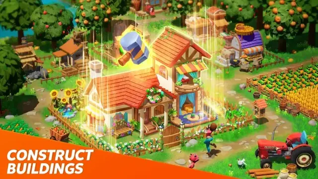 Dragonscapes Adventure screenshot: a farmhouse under construction beside orchards