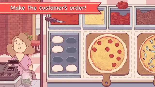 Good Pizza, Great Pizza screenshot: a customer order is prepared at the pizza counter