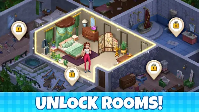 Manor Cafe screenshot: an isometric map of rooms waiting to be unlocked