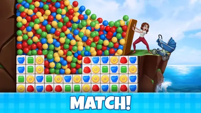 Manor Cafe screenshot: a colourful match-three board of falling tiles