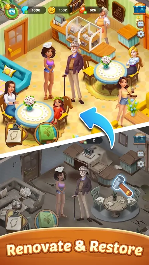 Seaside Escape screenshot: a beach scene being restored after renovation