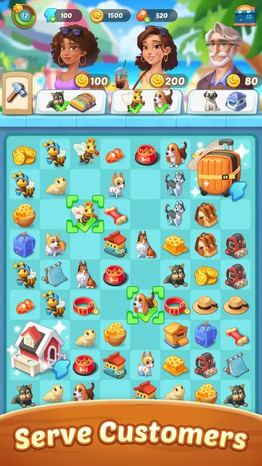 Seaside Escape screenshot: a merge board of beach items above a customer order list